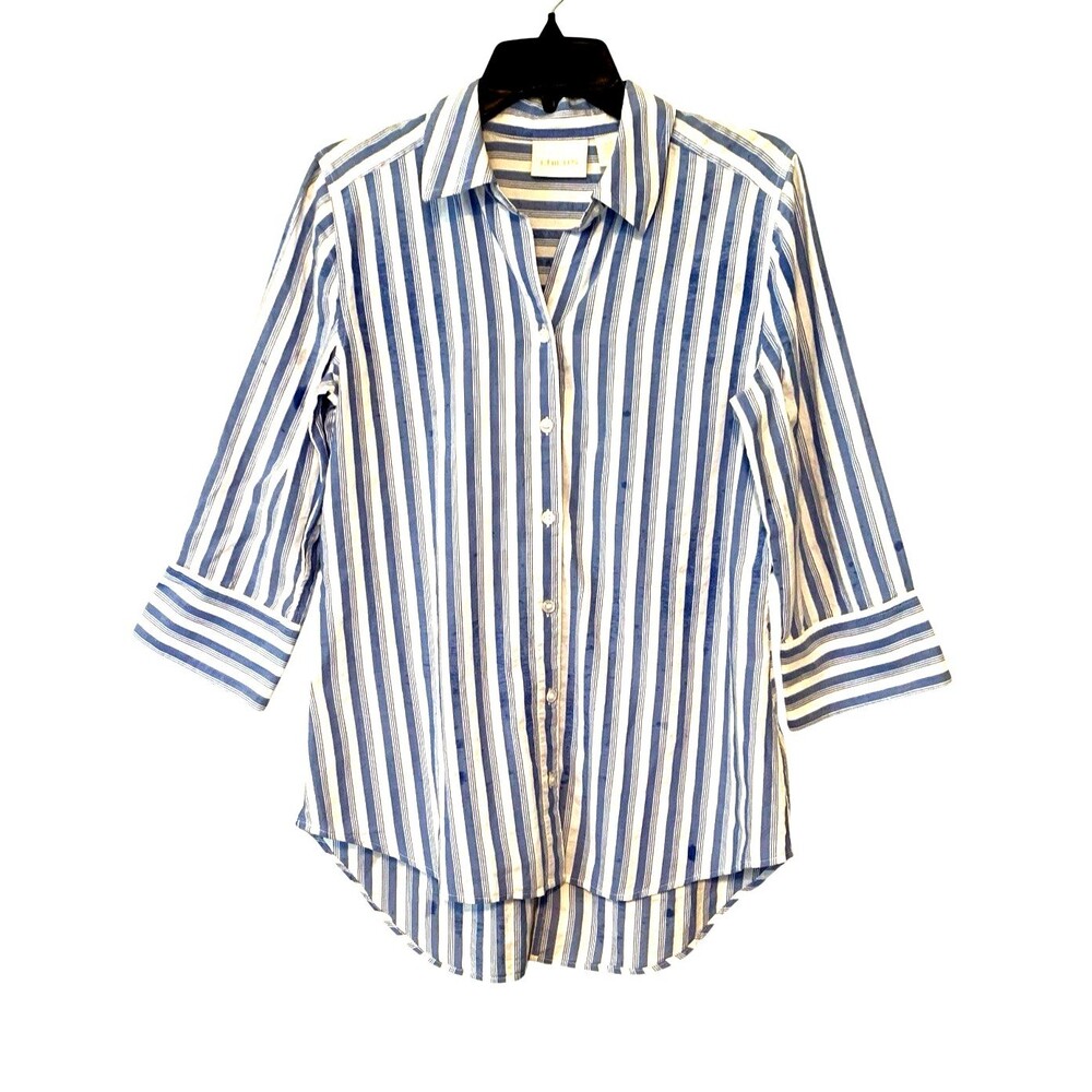 Chico's  Womens Size 0  Striped Blue White Button Front 3/4 Sleeve Tunic Blouse